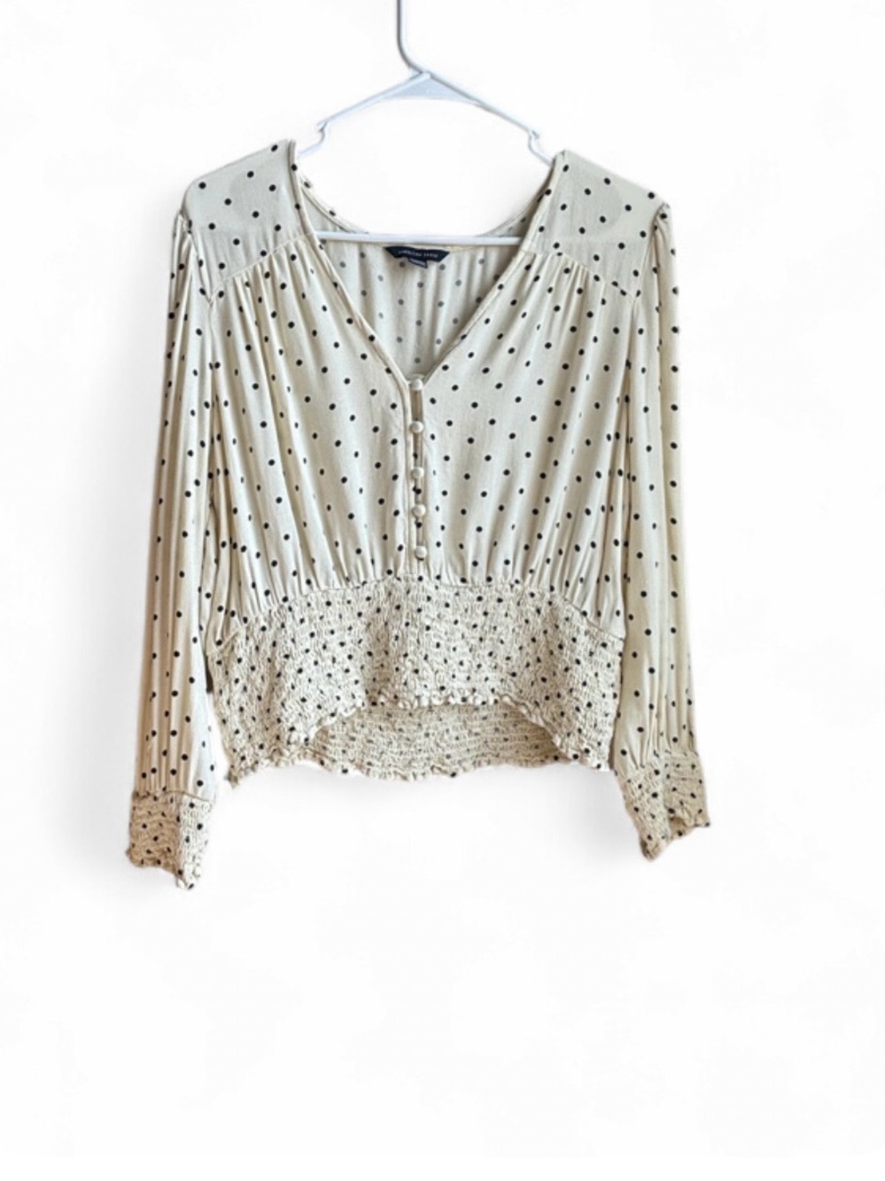 American Eagle Cream Blouse with Black Polka Dots and Smocked Waist